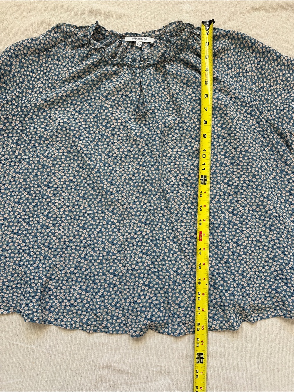 Madewell 100% Silk Ruffle Neck Boho Poet Sleeve Blouse in Ditsy Blue Floral L - Picture 7 of 11
